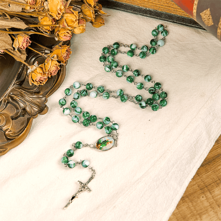 Christianartworkshop Chapelet de Saint Jude Thaddée et crucifix, en alliage acrylique vert rond de 8 mm, chaîne - image 3