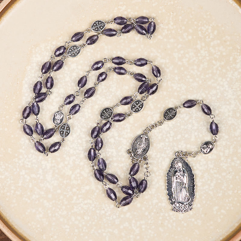 Christianartworkshop Chapelet avec médaille miraculeuse et Notre-Dame de Guadalupe, en alliage de cristal ovale violet 6*8 mm, chaîne - image 3