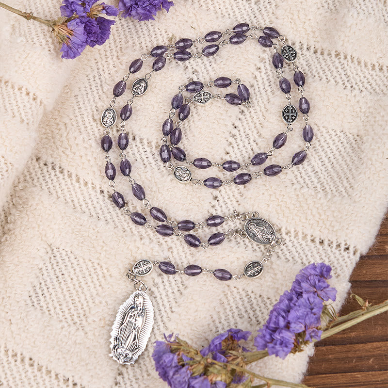 Christianartworkshop Chapelet avec médaille miraculeuse et Notre-Dame de Guadalupe, en alliage de cristal ovale violet 6*8 mm, chaîne - image 1
