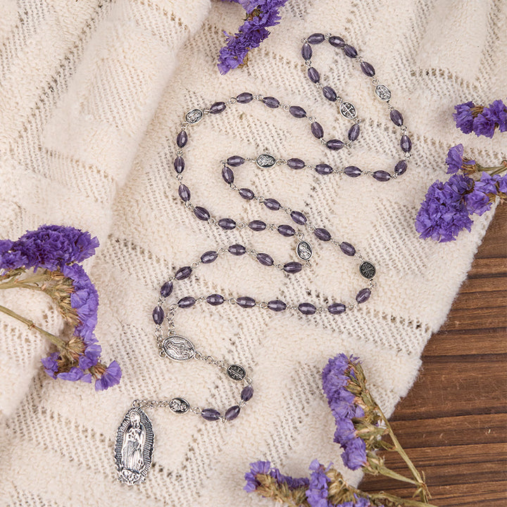 Christianartworkshop Chapelet avec médaille miraculeuse et Notre-Dame de Guadalupe, en alliage de cristal ovale violet 6*8 mm, chaîne - Violet - image 0