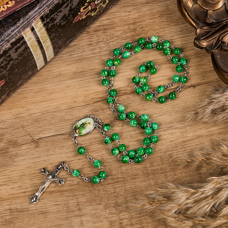 Christianartworkshop Chapelet en alliage de verre vert rond de 8 mm avec croix et pendentif Saint Jude - Vert - image 0