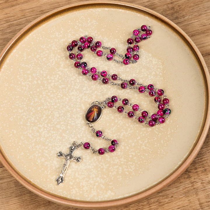 Christianartworkshop Chapelet en alliage de verre violet rond de 8 mm avec croix et croix, orné de la Miséricorde Divine - Miséricorde divine et crucifixion - image 0