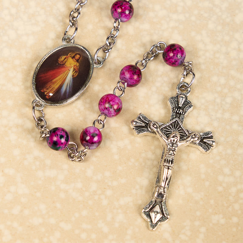 Christianartworkshop Chapelet en alliage de verre violet rond de 8 mm avec croix et croix, orné de la Miséricorde Divine - image 4