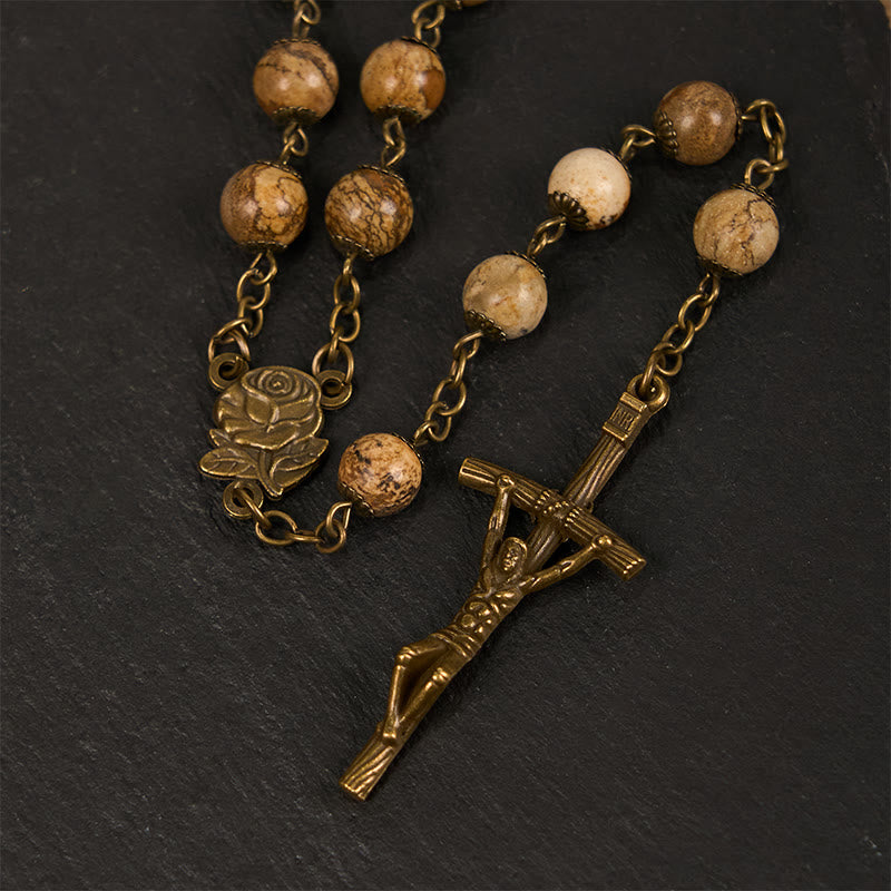Christianartworkshop Chapelet en alliage avec rose et crucifix, pierre ronde brune de 8 mm, chaîne - image 3