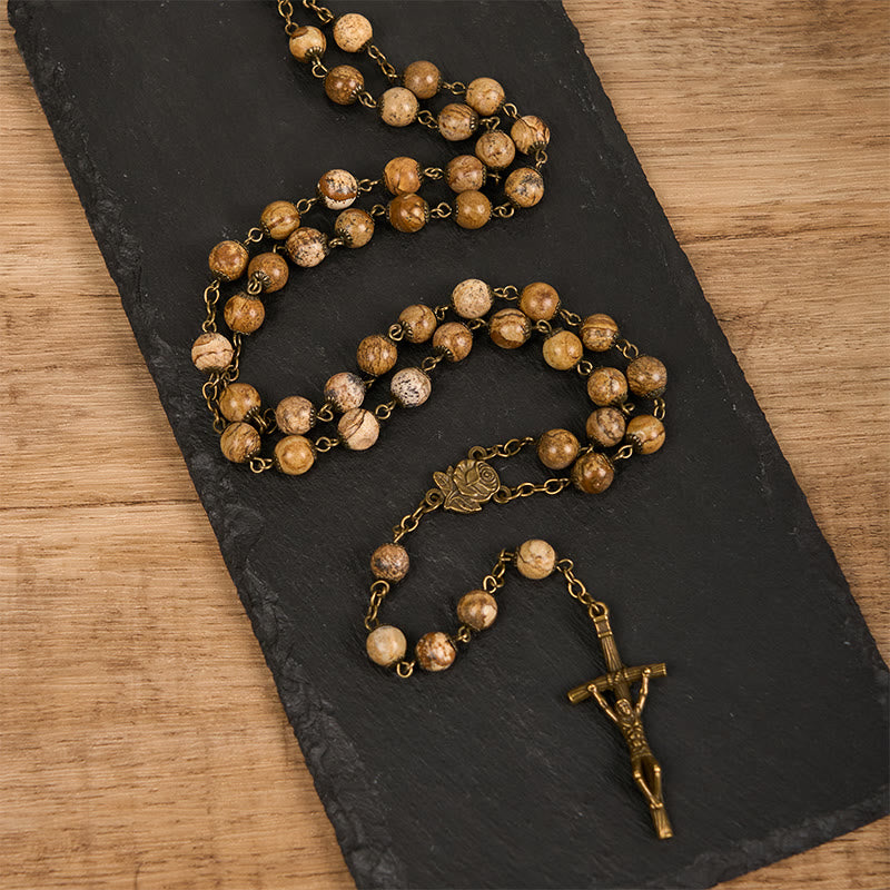 Christianartworkshop Chapelet en alliage avec rose et crucifix, pierre ronde brune de 8 mm, chaîne - Rose et crucifix - image 0