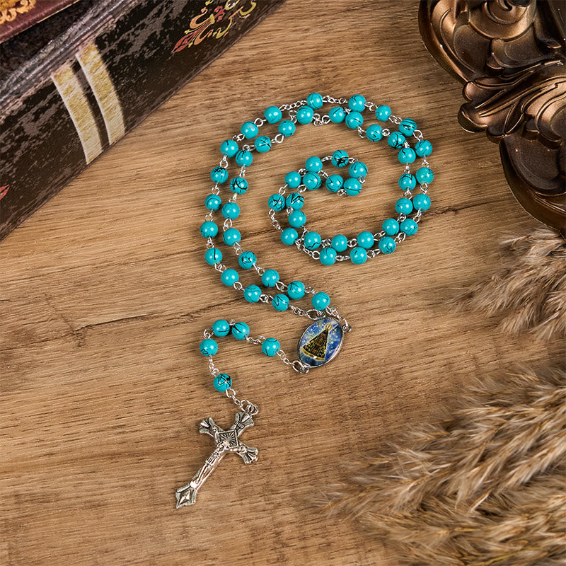 Christianartworkshop Chapelet Notre-Dame d'Aparecida et crucifix en verre vert rond de 8 mm, chaîne en alliage - image 1