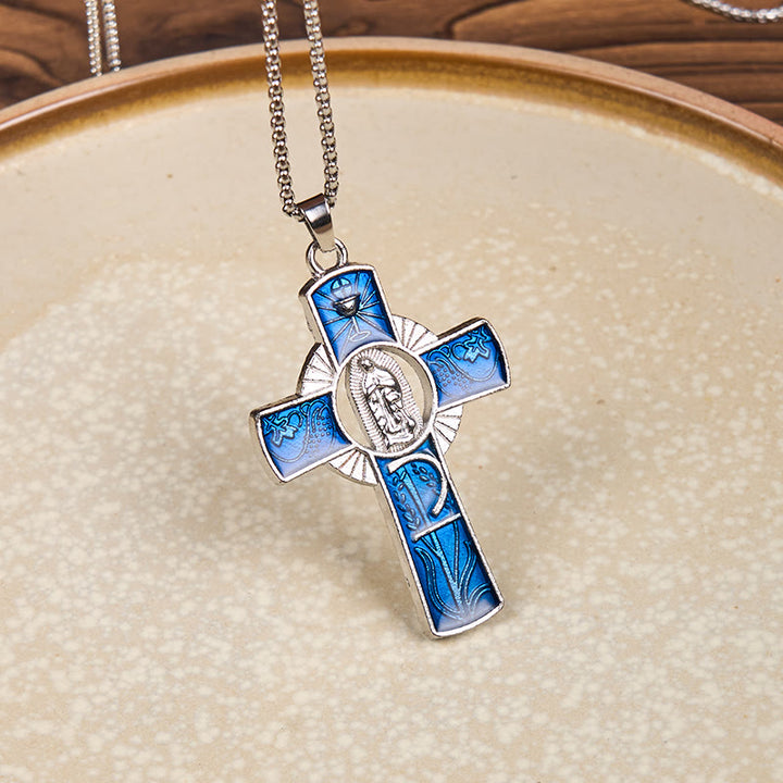 Christianartworkshop Collier pendentif croix de la Vierge Marie Notre-Dame de Guadalupe, 6 couleurs - Bleu - image 0