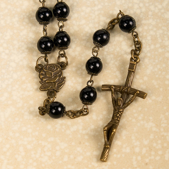 Christianartworkshop Chapelet en alliage avec rose et crucifix, pierre noire ronde de 10 mm - image 4