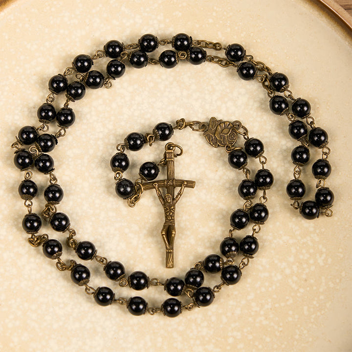 Christianartworkshop Chapelet en alliage avec rose et crucifix, pierre noire ronde de 10 mm - image 2