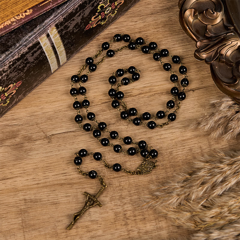 Christianartworkshop Chapelet en alliage avec rose et crucifix, pierre noire ronde de 10 mm - image 1