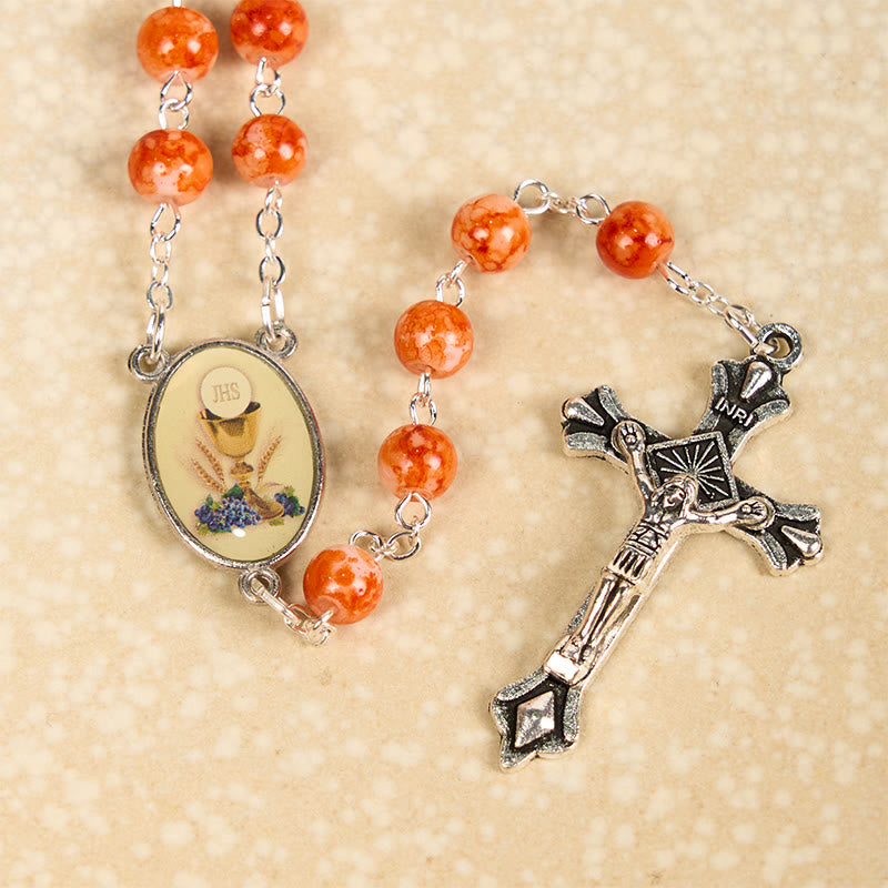 Christianartworkshop Chapelet en alliage de verre orange rond de 8 mm avec crucifix et Sainte Communion - image 4