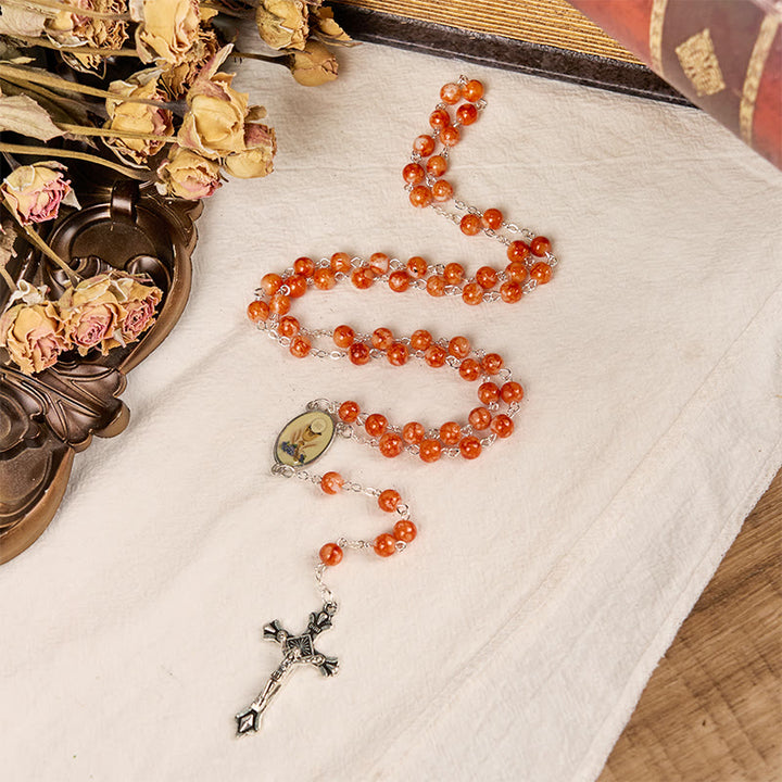 Christianartworkshop Chapelet en alliage de verre orange rond de 8 mm avec crucifix et Sainte Communion - image 1