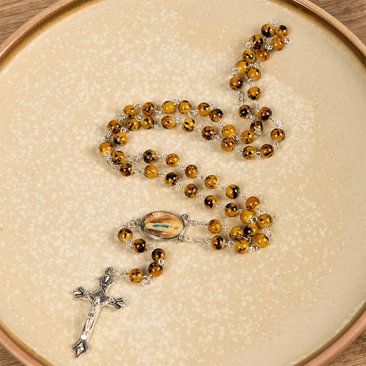 Christianartworkshop Chapelet en alliage avec pierre ronde de 8 mm et crucifix, orné de notre Vierge de Fatima. - Yeux de tigre - image 0