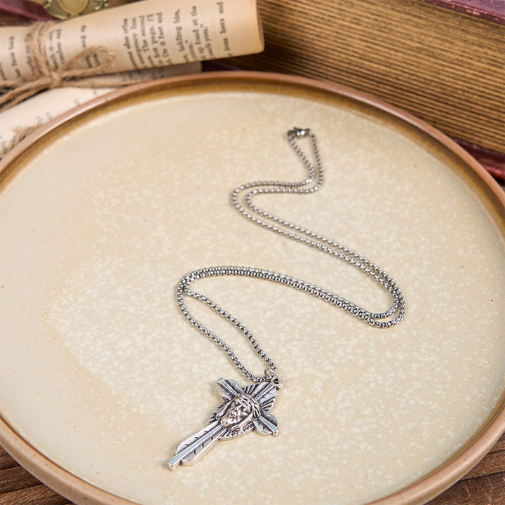 Christianartworkshop Collier pendentif croix crucifix style rétro avec icône de Jésus et symbole de foi bénie - image 4