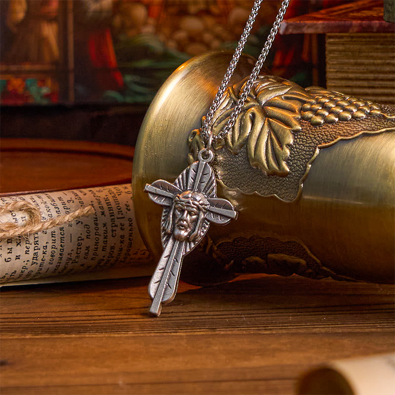 Christianartworkshop Collier pendentif croix crucifix style rétro avec icône de Jésus et symbole de foi bénie - image 1