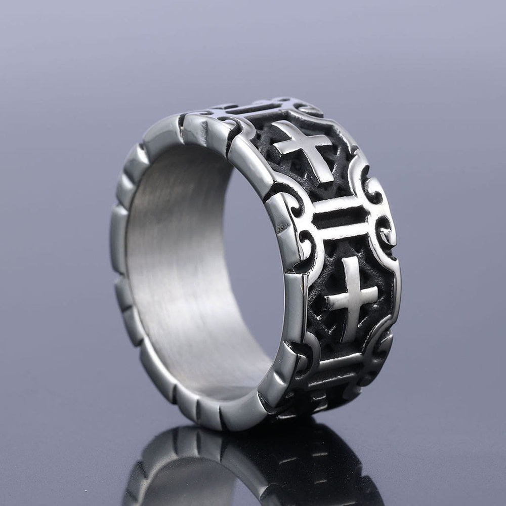 Bague de protection de la foi en acier inoxydable gravée d'une croix, style rétro, Christianartworkshop - image 1