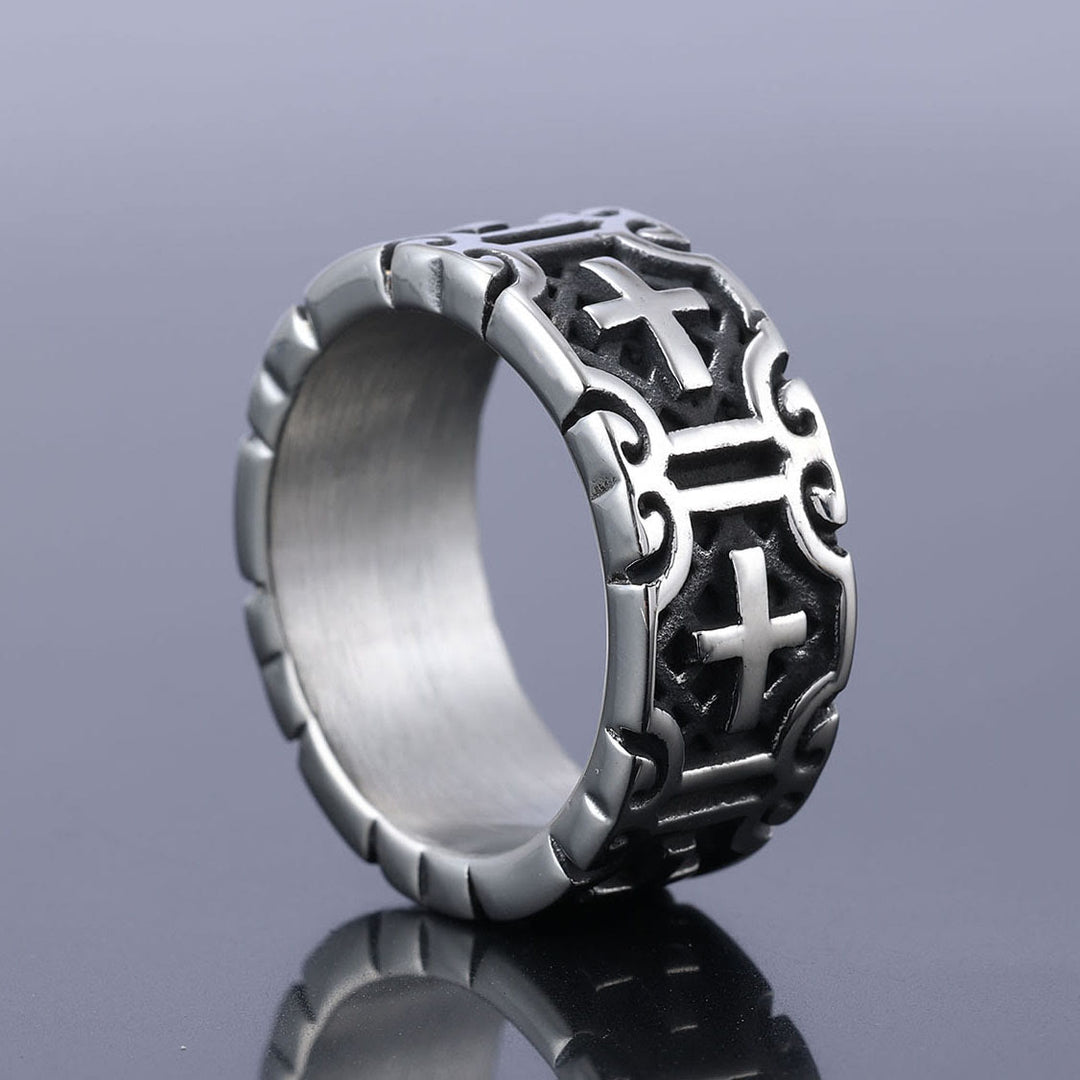 Bague de protection de la foi en acier inoxydable gravée d'une croix, style rétro, Christianartworkshop - image 1