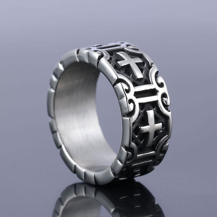 Bague de protection de la foi en acier inoxydable gravée d'une croix, style rétro, Christianartworkshop - image 1