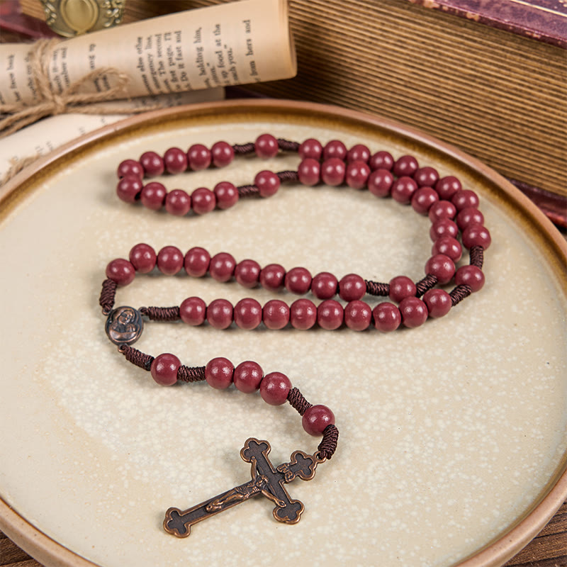 Christianartworkshop Chapelet en cordon de nylon et bois rouge rond de 10 mm, orné d'une Vierge à l'Enfant et d'un crucifix - image 1