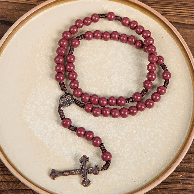 Christianartworkshop Chapelet en cordon de nylon et bois rouge rond de 10 mm, orné d'une Vierge à l'Enfant et d'un crucifix - image 4