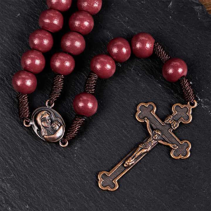 Christianartworkshop Chapelet en cordon de nylon et bois rouge rond de 10 mm, orné d'une Vierge à l'Enfant et d'un crucifix - image 6