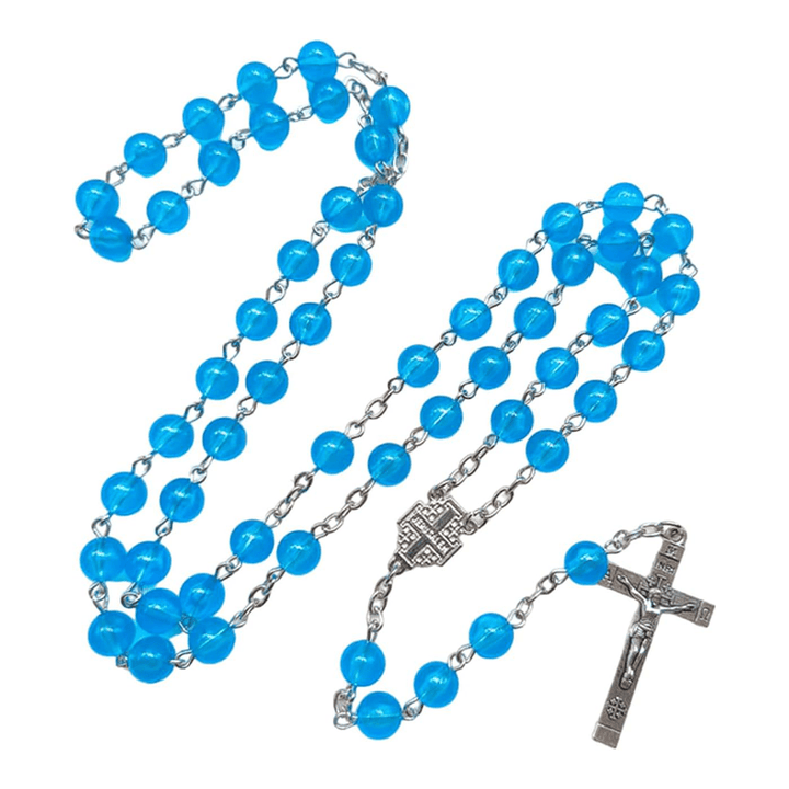 Christianartworkshop Médaille de Jérusalem et crucifix en alliage acrylique bleu rond de 8 mm, chapelet - Lac Bleu - image 0