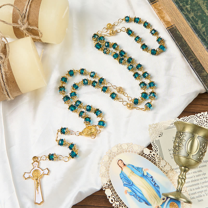 Médaille miraculeuse et crucifix en polyèdre de 6 mm, chaîne en alliage acrylique bleu - Médaille miraculeuse et crucifix - image 0