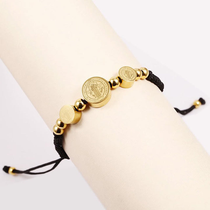 Bracelet en corde noire tressée en acier inoxydable avec pendentif Saint Benoît, signé Christianartworkshop - image 1