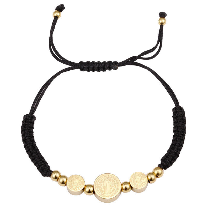 Bracelet en corde noire tressée en acier inoxydable avec pendentif Saint Benoît, signé Christianartworkshop - Noir - image 0