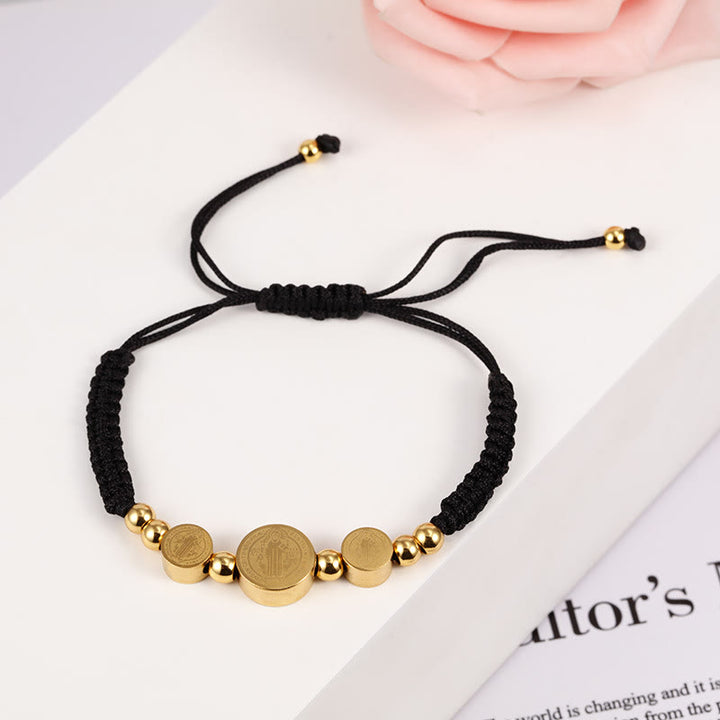 Bracelet en corde noire tressée en acier inoxydable avec pendentif Saint Benoît, signé Christianartworkshop - image 2