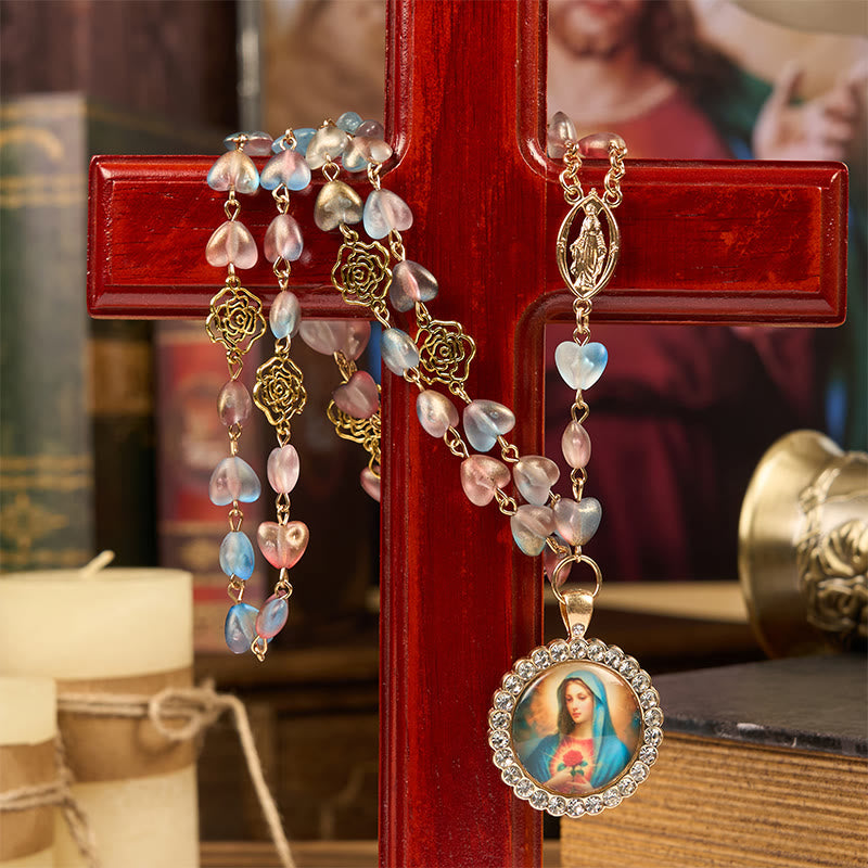 Christianartworkshop Chapelet en alliage de verre multicolore avec médaille miraculeuse et cœur immaculé de 10 mm en forme de cœur et de rose - image 1