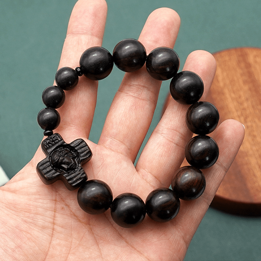 Bracelet chapelet classique en bois de santal noir avec croix de Jésus-Christ, signé Christianartworkshop - 15 mm - image 7