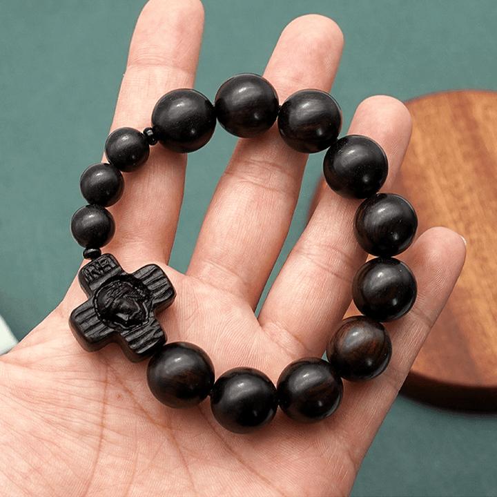 Bracelet chapelet classique en bois de santal noir avec croix de Jésus-Christ, signé Christianartworkshop - 15 mm - image 7
