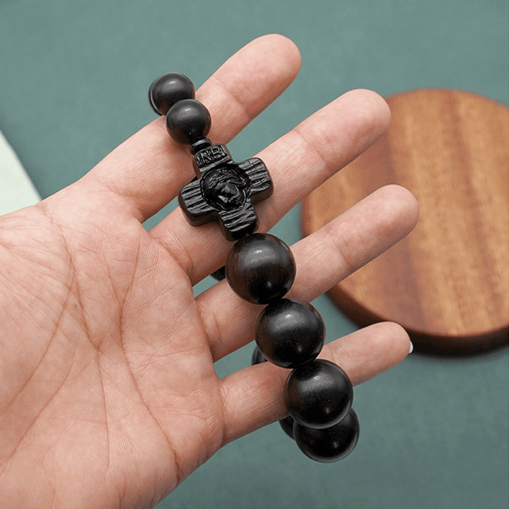 Bracelet chapelet classique en bois de santal noir avec croix de Jésus-Christ, signé Christianartworkshop - image 9
