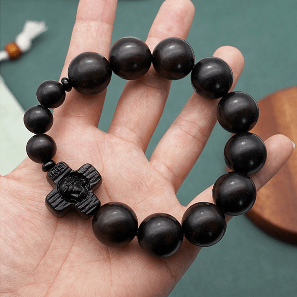 Bracelet chapelet classique en bois de santal noir avec croix de Jésus-Christ, signé Christianartworkshop - 18 mm - image 6