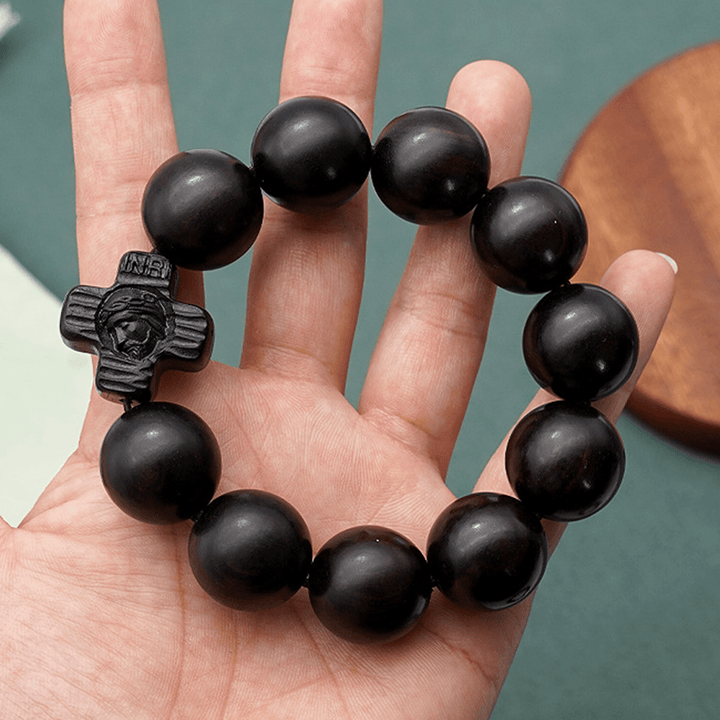 Bracelet chapelet classique en bois de santal noir avec croix de Jésus-Christ, signé Christianartworkshop - image 5