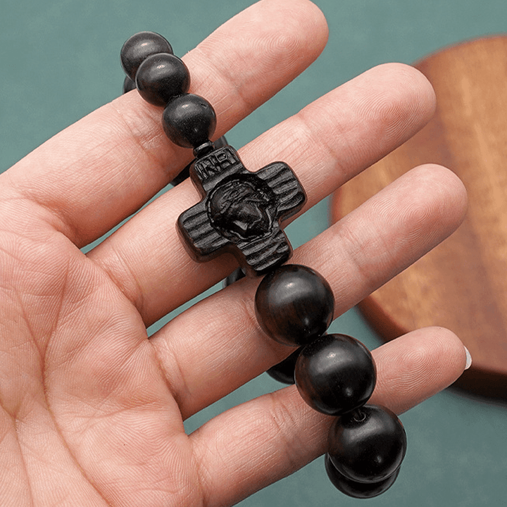 Bracelet chapelet classique en bois de santal noir avec croix de Jésus-Christ, signé Christianartworkshop - image 10