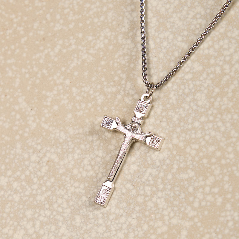 Christianartworkshop Collier pendentif minimaliste et exclusif en forme de croix de Jésus ornée de roses - image 1
