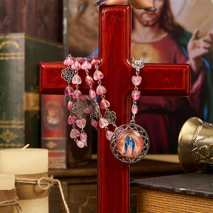 Christianartworkshop Chapelet en alliage de verre rose avec médaille miraculeuse en forme de cœur de 10 mm - image 3