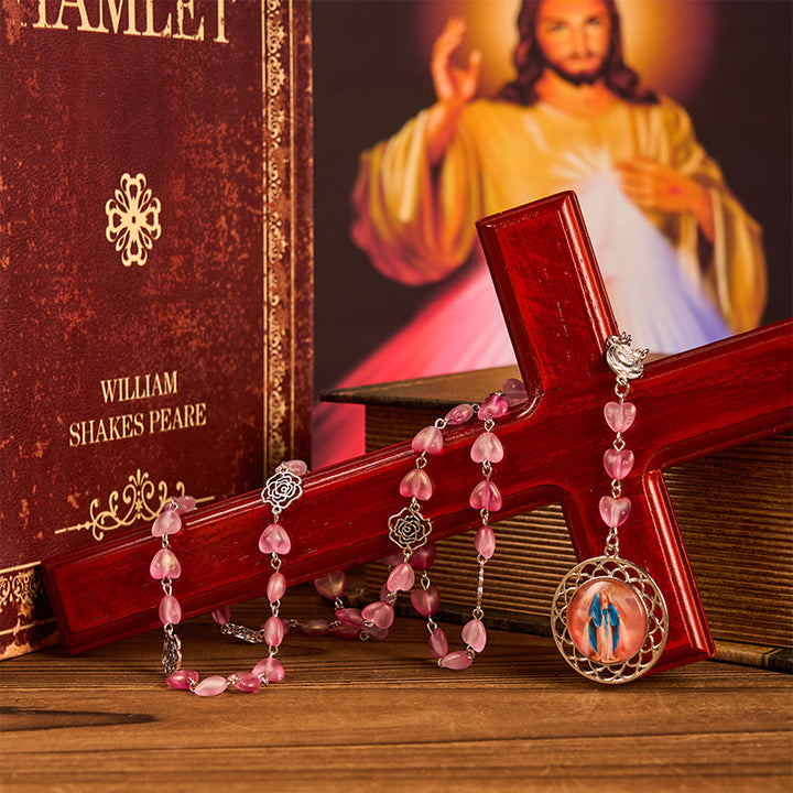 Christianartworkshop Chapelet en alliage de verre rose avec médaille miraculeuse en forme de cœur de 10 mm - image 4