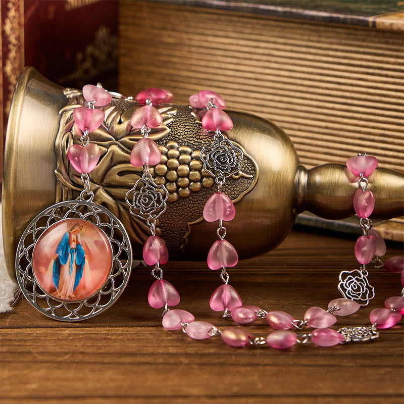 Christianartworkshop Chapelet en alliage de verre rose avec médaille miraculeuse en forme de cœur de 10 mm - Rose - image 0