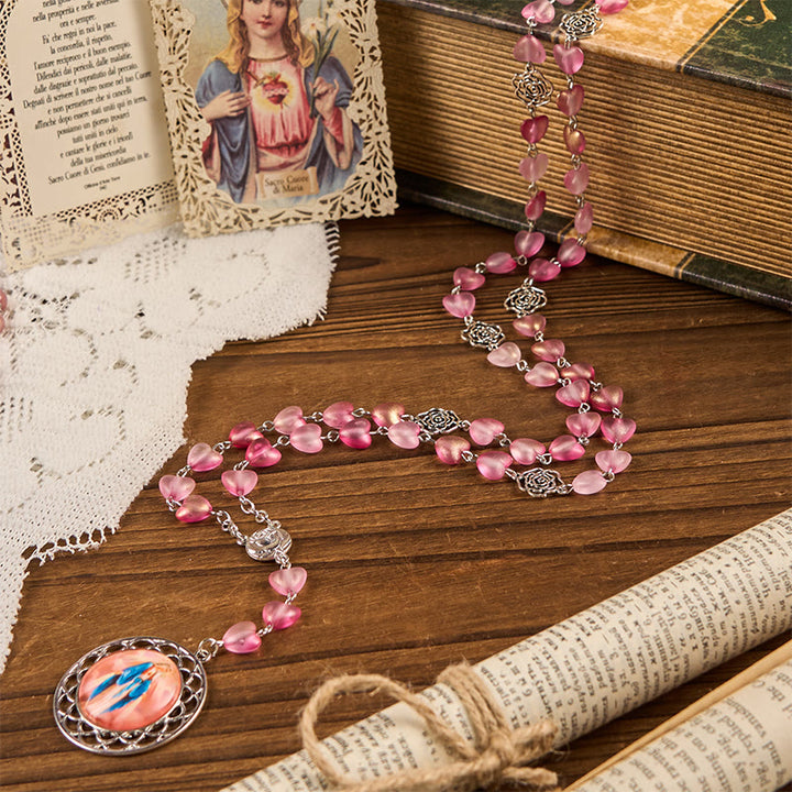 Christianartworkshop Chapelet en alliage de verre rose avec médaille miraculeuse en forme de cœur de 10 mm - image 1