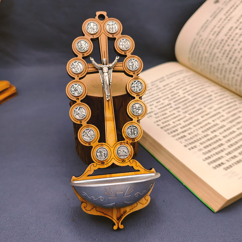 Christianartworkshop Bénitier de Damien, Station du Chemin de Croix en Bois d'Olivier - bénitier - image 0