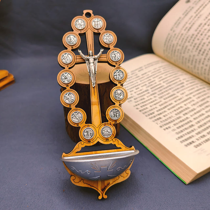 Christianartworkshop Bénitier de Damien, Station du Chemin de Croix en Bois d'Olivier - bénitier - image 0