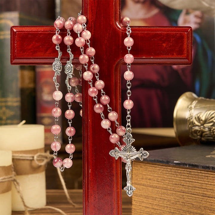 Christianartworkshop Chapelet en alliage rose rond de 8 mm avec Notre-Dame et crucifix - image 1