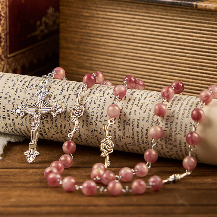 Christianartworkshop Chapelet en alliage rose rond de 8 mm avec Notre-Dame et crucifix - image 2