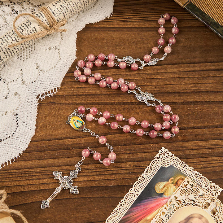 Christianartworkshop Chapelet en alliage rose rond de 8 mm avec Notre-Dame et crucifix - image 3