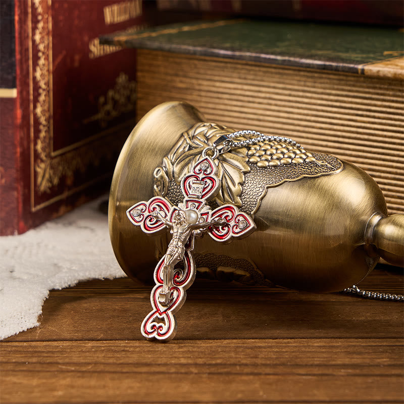 Christianartworkshop Ensemble de 6 pierres précieuses de couleur 3 - Croix de la Trinité avec pendentif en perle - Rouge argenté - image 3