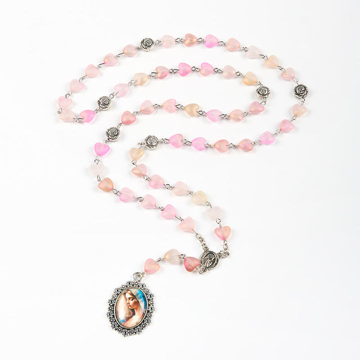 Christianartworkshop Chapelet en alliage rose avec cœur en verre de 10 mm, orné d'une rose et dédié à Marie et Notre-Dame - image 5