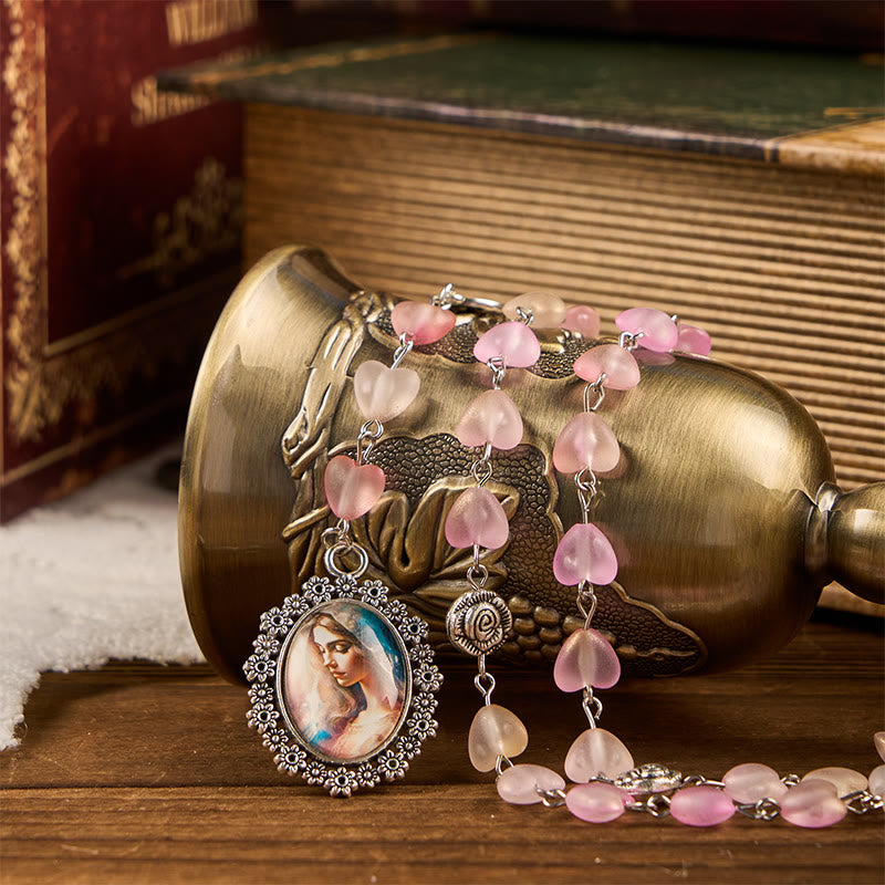 Christianartworkshop Chapelet en alliage rose avec cœur en verre de 10 mm, orné d'une rose et dédié à Marie et Notre-Dame - image 1